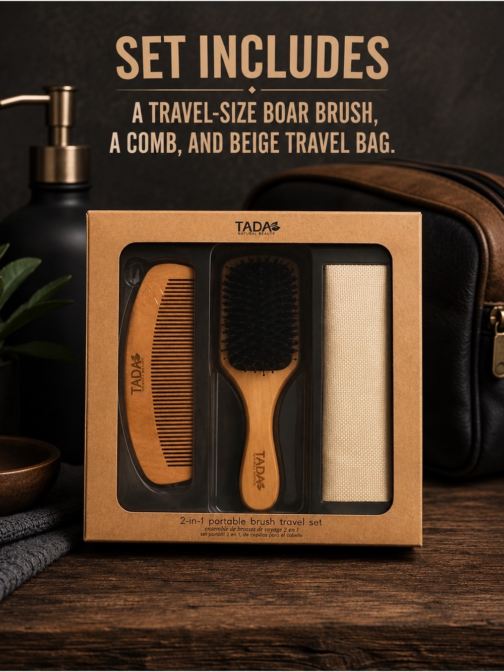 NIB Men’s 2 in 1 portable brush travel set, includes beige travel bag